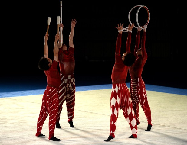The performance directed by Daniel Ezralow featuring the male male rhythmic gymnastics team from the Aomori University , costumes by Issey Miyake, photo by Takao Fujita