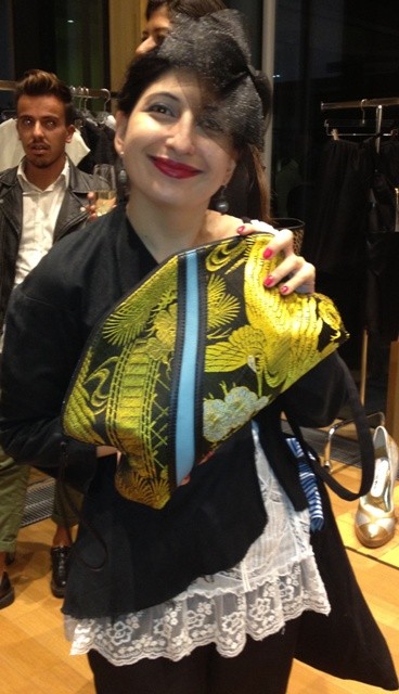 Me with a smashing bag by Arnoldo Battois made by using the ancient Japanese obi's fabrics and leather